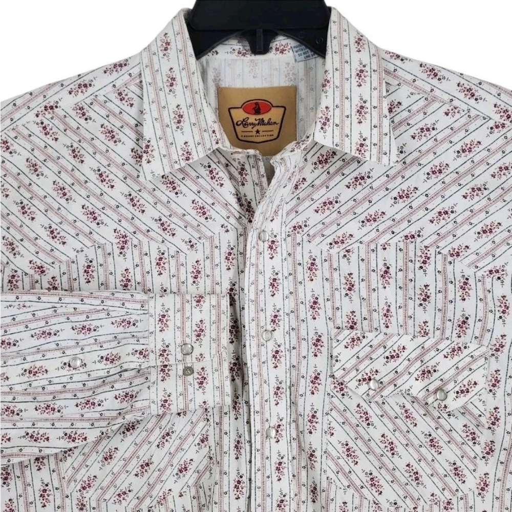 Larry Mahan Shirt Pearl Snap XL Wht Blk Maroon Floral Striped Western Cowboy LS